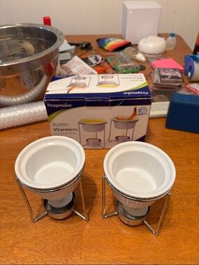 Used Once With box Progressive Set of two Ceramic Butter Warmers And Tea Lights